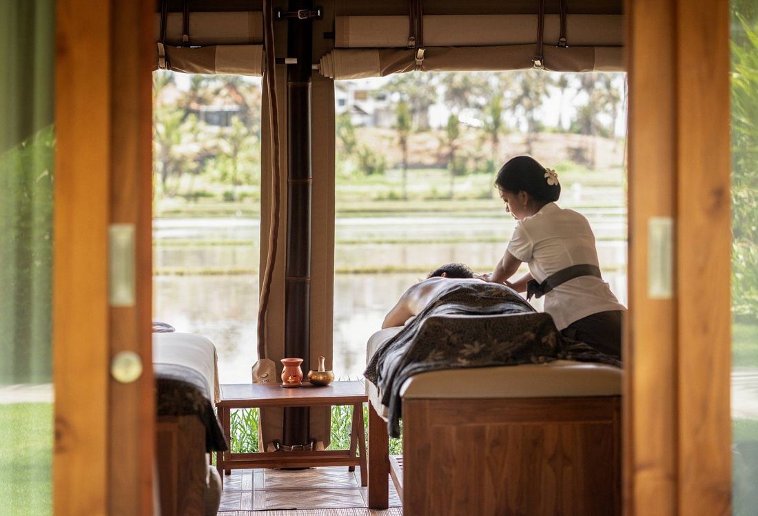A massage in the spa tent by the rice paddies
