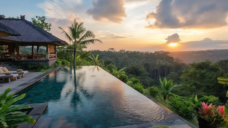 Infinity pool overlooking the Bali jungle at sunset